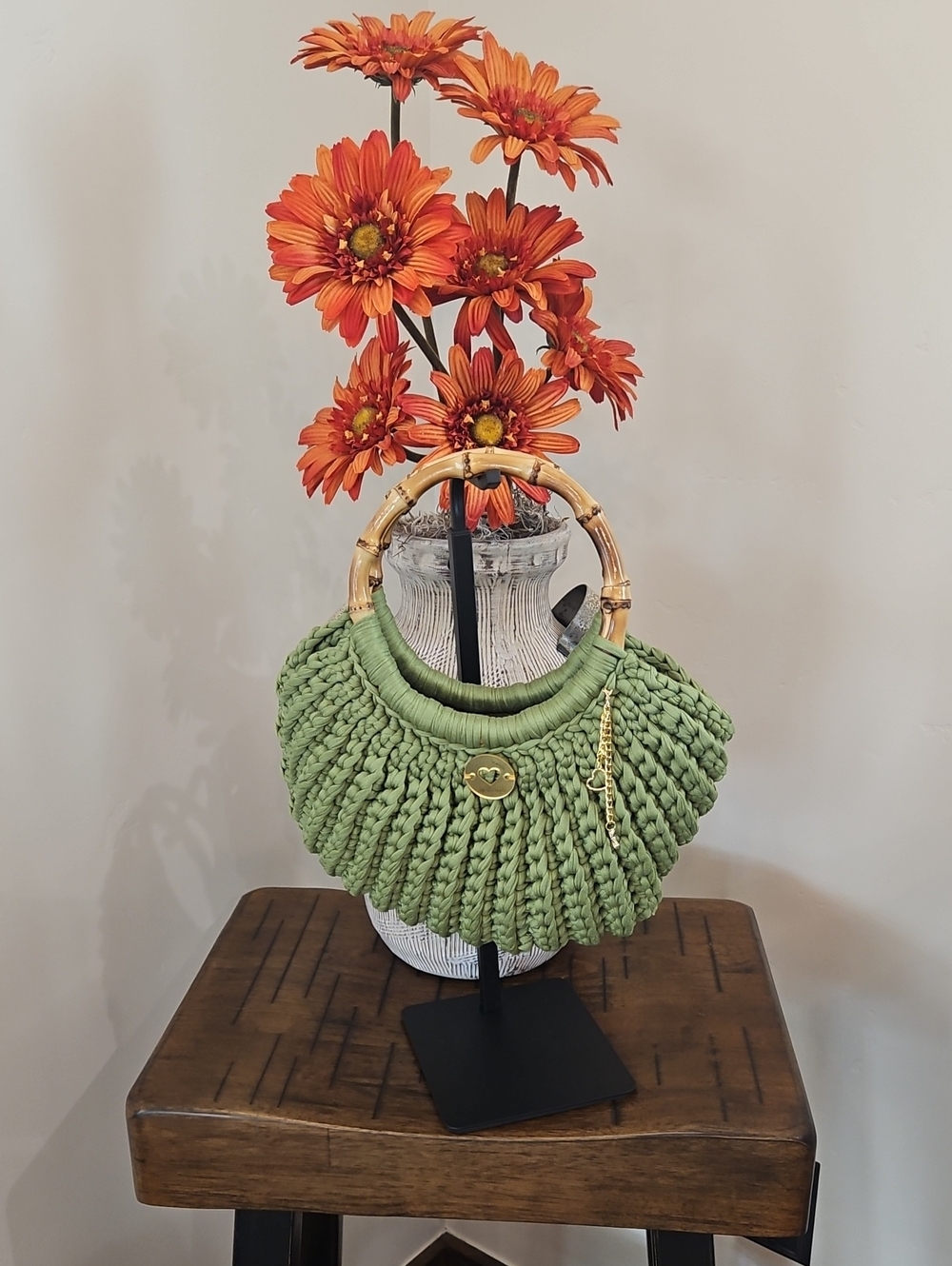 Green Hand Crocheted Handbag With Bamboo-Handles